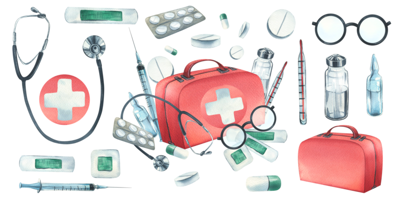 Red medical case, first aid kit with stethoscope, injections, plaster, pills  and glasses. Watercolor illustration, hand drawn. Composition with elements  isolated 26539296 PNG