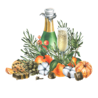 Christmas decor with tangerines, champagne. sweets and pine branches. Watercolor illustration, hand drawn. For congratulations and holiday. Isolated composition png