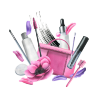 Pink cosmetic bag with eyelash lamination tools, brushes, silicone rollers, bottled products. Watercolor illustration, hand drawn. Isolated composition png