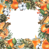 mandariner med bomull, tall grenar och kottar, sötsaker, ljus och kryddor. vattenfärg illustration hand dragen för jul dekor. fyrkant ram isolerat png
