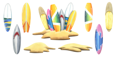 Different, bright, colorful surfboards stuck in the sand on a tropical island. Watercolor illustration hand drawn. A set isolated composition with elements png