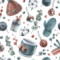 Winter, New Year, Christmas seamless pattern with knitted things, cotton, eucalyptus, berries, Christmas balls, toys, gifts. Watercolor illustration hand drawn png