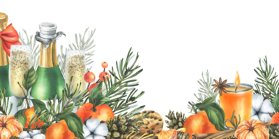 Christmas decor with tangerines, champagne, sweets and pine branches. Watercolor illustration, hand drawn. For congratulations and holiday. Horizontal border png