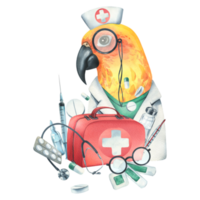 Parrot doctor in a dressing gown, glasses, with a stethoscope, a suitcase and medical instruments, pills, injections. Watercolor illustration, hand drawn. Isolated composition png