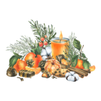 Tangerines with cotton, pine branches and cones, sweets, candle and spices. Watercolor illustration hand drawn for Christmas decor. Isolated composition png