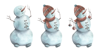 Snowmen in a hat with a scarf and toys with Christmas balls. Watercolor illustration, hand drawn. Set of isolated elements png