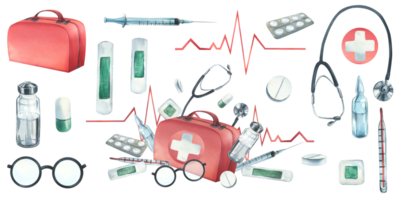 Red medical case, first aid kit with stethoscope, injections, plaster, pills and glasses. Watercolor illustration, hand drawn. Composition with elements isolated png