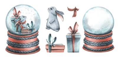 Snow globe with gift boxes and a cute bunny. Watercolor illustration, hand drawn. A winter set isolated objects png