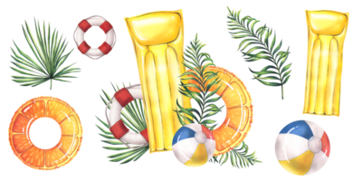 Beach inflatable toys, mattress, circle and ball with tropical palm branches. Beach, summer watercolor illustration, hand drawn. A set isolated composition with elements png