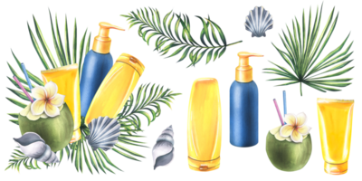 Tubes of suntan cream are yellow and blue with tropical palm leaves, cocktail in coconut and sea shells. Watercolor illustration, hand drawn. Set of isolated objects png