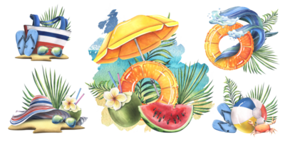 Summer, beach, hand drawn watercolor illustrations with inflatable circles, ball, bag, hat, palm branches, coconuts. Set of isolated compositions png