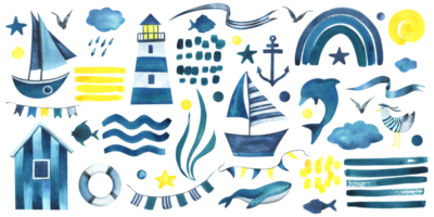 Nautical set of children's boats, lighthouse, seagulls, fish and decorations. Hand drawn watercolor illustration for cards, stickers, wallpapers, books, posters. Isolated objects png
