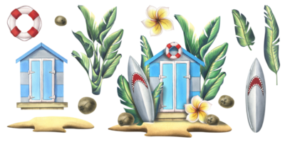 A wooden beach house, a cabin on a tropical island with palm trees, a surfboard with coconuts. Watercolor illustration hand drawn. Set isolated elements png