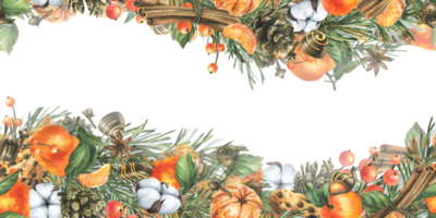jul dekor med mandariner, champagne, sötsaker och tall grenar. vattenfärg illustration, hand ritade. för Grattis och Semester. horisontell sömlös mall krans png
