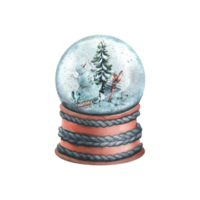 Glass snow globe on a stand with a snowman, Christmas tree, gift boxes, cotton flowers. Watercolor illustration, hand drawn. Isolated object png