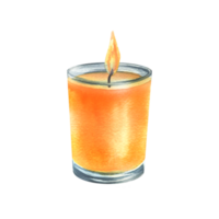 Orange decorative candle in a glass jar with fire flame. Watercolor illustration hand drawn. Isolated object png