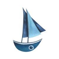 Nice blue boat with sails. Hand-drawn watercolor illustration in children's style. Isolated object png