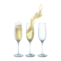 Glasses empty with champagne and with splashes. Watercolor illustration, hand drawn. Isolated elements png