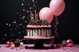 An illuminated candle tops a vanilla cake with strawberry whipped cream and cookies, presented on a chocolate stand amid a balloon-filled backdrop. photo