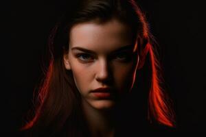 Portrait of a beautiful person with black background. Fictional person created with photo