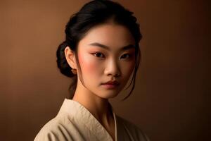 Portrait person with beige background. Fictional person created with photo