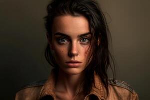 Portrait person with beige background. Fictional person created with photo