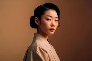 Portrait person with beige background. Fictional person created with photo