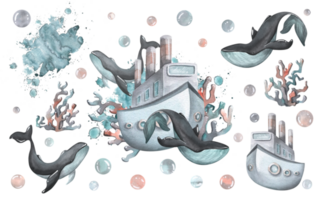 A steamer with whales, corals, bubbles and splashes of water. Watercolor illustration hand drawn. Set of isolated elements png
