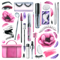 Set of professional cosmetics and pink bag tools for makers of lamination, painting eyelashes and eyebrows. Watercolor illustration, hand drawn. Isolated objects png