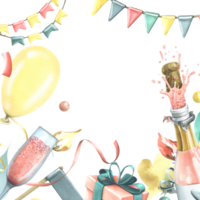 Rosa Champagner Glas und Flasche mit fliegend Kork, Geschenk Kasten, Ballon, Konfetti und Flaggen. Aquarell Illustration, Hand gezeichnet. Vorlage, Rahmen png