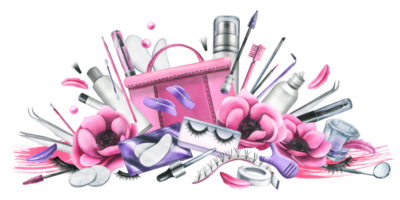 rosado cosmético bolso con belleza maestría herramientas para pestaña extensión y laminación, con cepillos, silicona rodillos acuarela ilustración, mano dibujado. aislado composición png