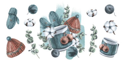 Winter, watercolor illustration with a knitted hat and mittens, balls of thread, with a mug, cotton and eucalyptus. Watercolor illustration hand drawn. Set isolated elements png