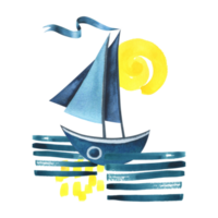 Sailing blue boat with a ribbon floating on the water with a yellow sun. Watercolor illustration hand drawn in a simple abstract childish style. Isolated composition png