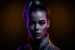 Portrait of a beautiful person with black background. Fictional person created with photo
