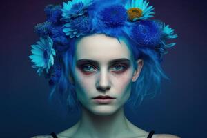 Portrait of a person with blue background. Fictional person created with photo