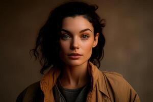 Portrait person with beige background. Fictional person created with photo