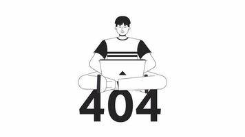 Programmer working black and white error 404 animation. Gadget man. Online study error message gif, motion graphic. It developer coding on laptop animated character linear 4K video isolated on white