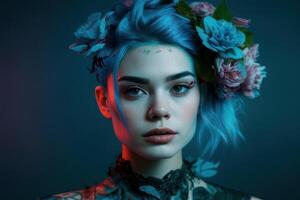 Portrait of a person with blue background. Fictional person created with photo