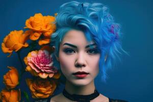 Portrait of a person with blue background. Fictional person created with photo