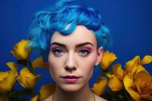 Portrait of a person with blue background. Fictional person created with photo