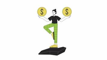 Balancing finances line 2D animation. Manage expenses 4K video motion graphic. Personal finance. Asian woman with coins balancing on one leg linear animated cartoon flat concept, white background