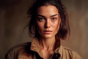 Portrait person with beige background. Fictional person created with photo
