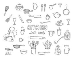 Kitchen doodle elements isolated. Vector illustrations collection of cooking utensils. Kitchenware set. Outline dishes, cutlery, cookware. Hand drawn cute black doodles