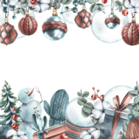 Winter, New Year, Christmas border with snowman, knitted things, cotton, Christmas balls, toys, gifts. Watercolor illustration hand drawn, template png