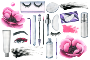 Pink cosmetics with anemone flowers and various decorative and skin care cosmetics. Watercolor illustration, hand drawn. Set of isolated elements png