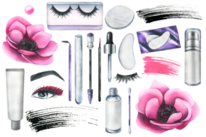 rose produits de beauté avec anémone fleurs et divers décoratif et peau se soucier produits de beauté. aquarelle illustration, main dessiné. ensemble de isolé éléments png