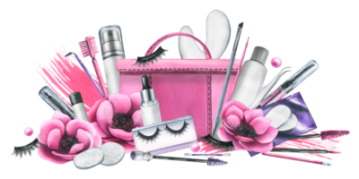 Pink cosmetic bag with tools for artificial eyelash extensions, brushes, false eyelashes, products in bottles. Watercolor illustration, hand drawn. Isolated composition png