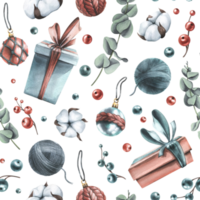 vinter, ny år, jul sömlös mönster med bomull, eukalyptus, bär, gåvor, jul bollar. vattenfärg illustration hand ritade. sömlös mönster png