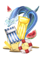 Beach lounger blue striped with an inflatable yellow mattress, watermelon, lifebuoy and wave on a tropical island. Watercolor illustration, hand drawn. Isolated composition png