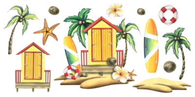 A wooden, striped, beach cabin with a surfboard, coconuts, a lifebuoy on a tropical island. Watercolor illustration hand drawn. Set of isolated elements png